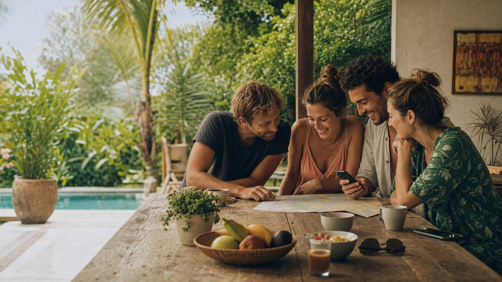Four friends planning a tropical group trip over breakfast